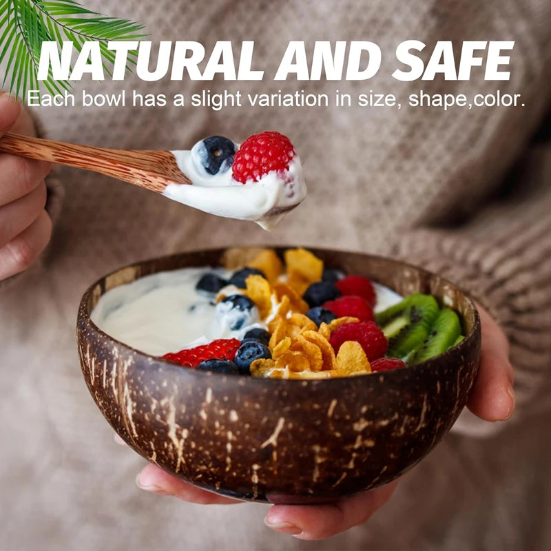 Natural Coconut Bowl Set Salad Smoothie Bowls Wooden Ramen Bowl Coconut Spoon Set Coco Smoothie Kitchen Tableware Coconut Bowl
